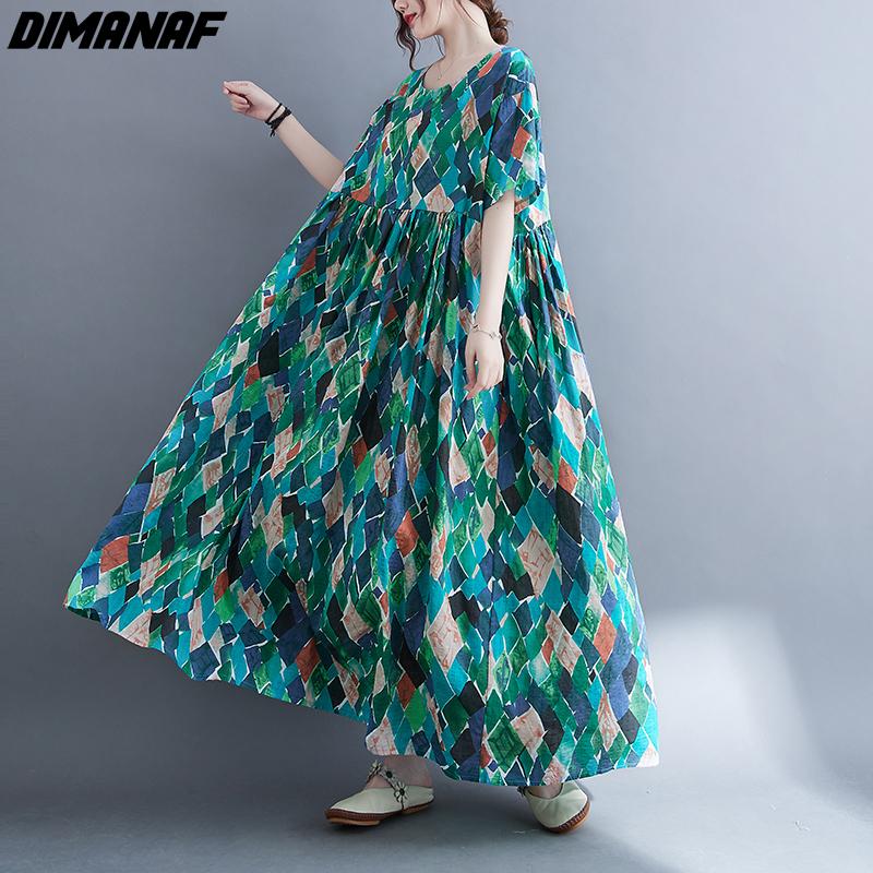 DIMANAF kobiety sukienka letnia Plus rozmiar plażowa sukienka lniana czeski nadruk kwiaty moda Lady Vestidos luźna długa sukienka na co dzień Oversize 9063