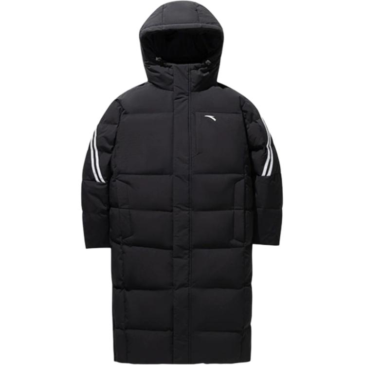 Anta Color Block Zipper Hooded Comfortable Breathable Versatile Long Down Jacket Men Outerwear Basic-Black 152517903-2