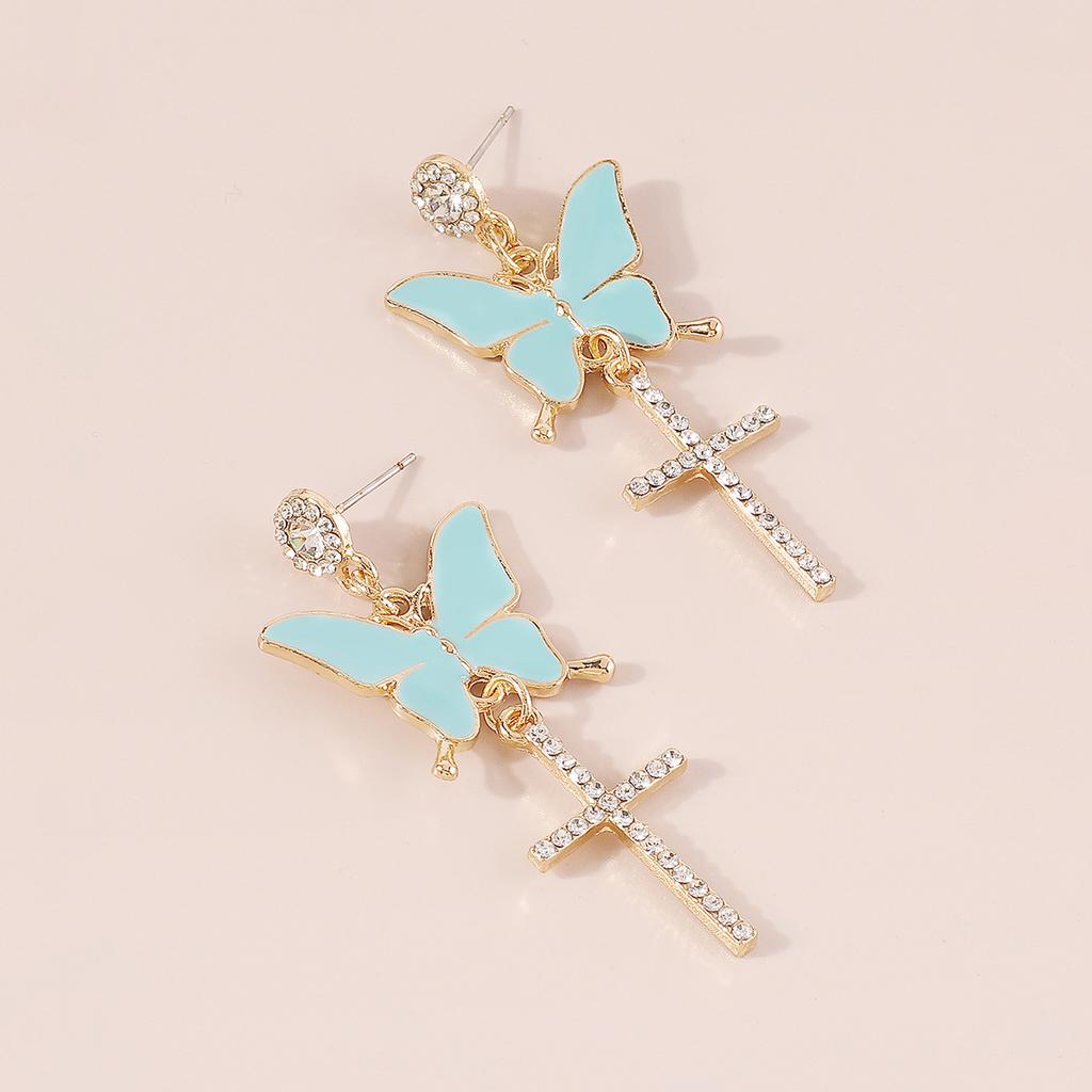 Sparkling Butterfly Drop Earrings with Tassels and Rhinestones