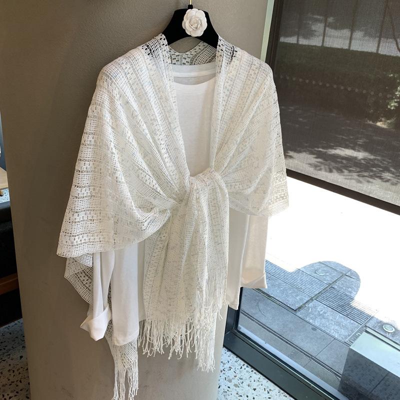 Bohemian ethnic style white hollow knitted cheongsam shawl women s holiday knitted fringed cardigan scarf 150cm