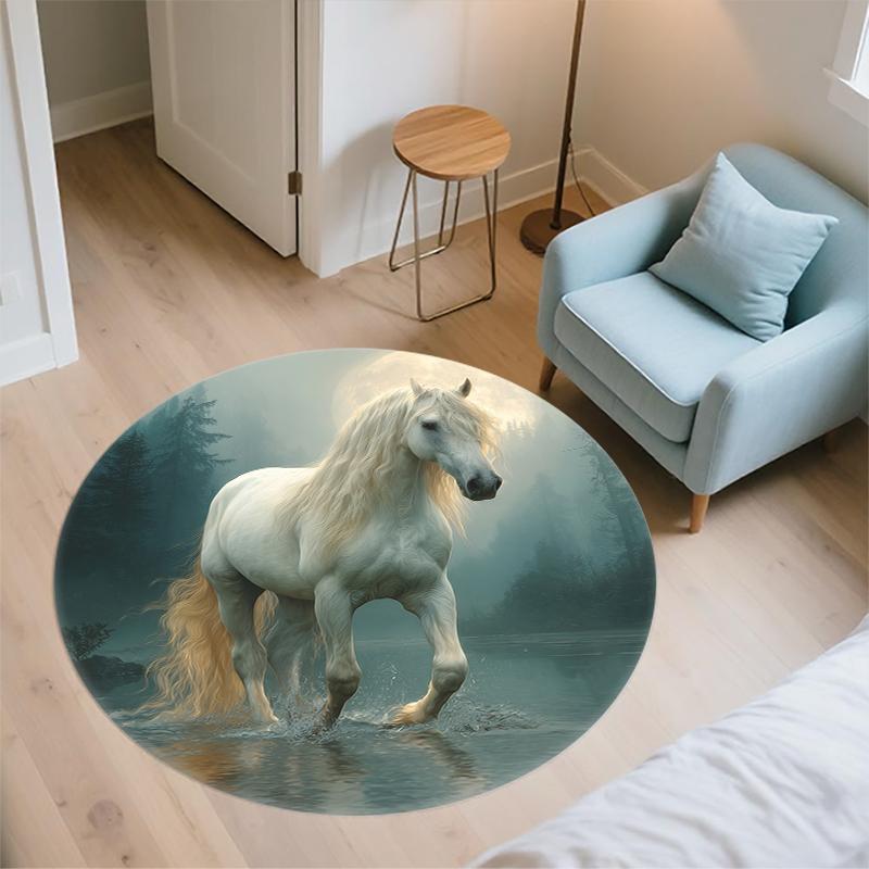White Horse pattern round rug,Carpet Rug for Living Room Bedroom Sofa Playroom Decor,Non-slip Floor Mat,Holiday Gifts and Birthday Gifts