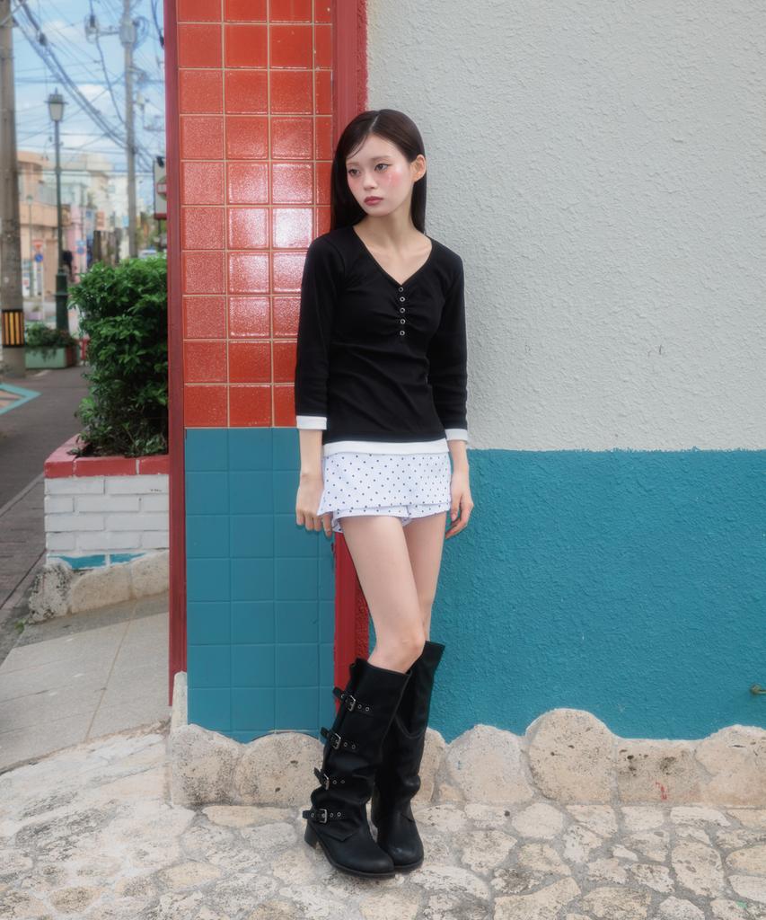 ROSEFRANTZ Shirring Button Layered Long Sleeve [Black]