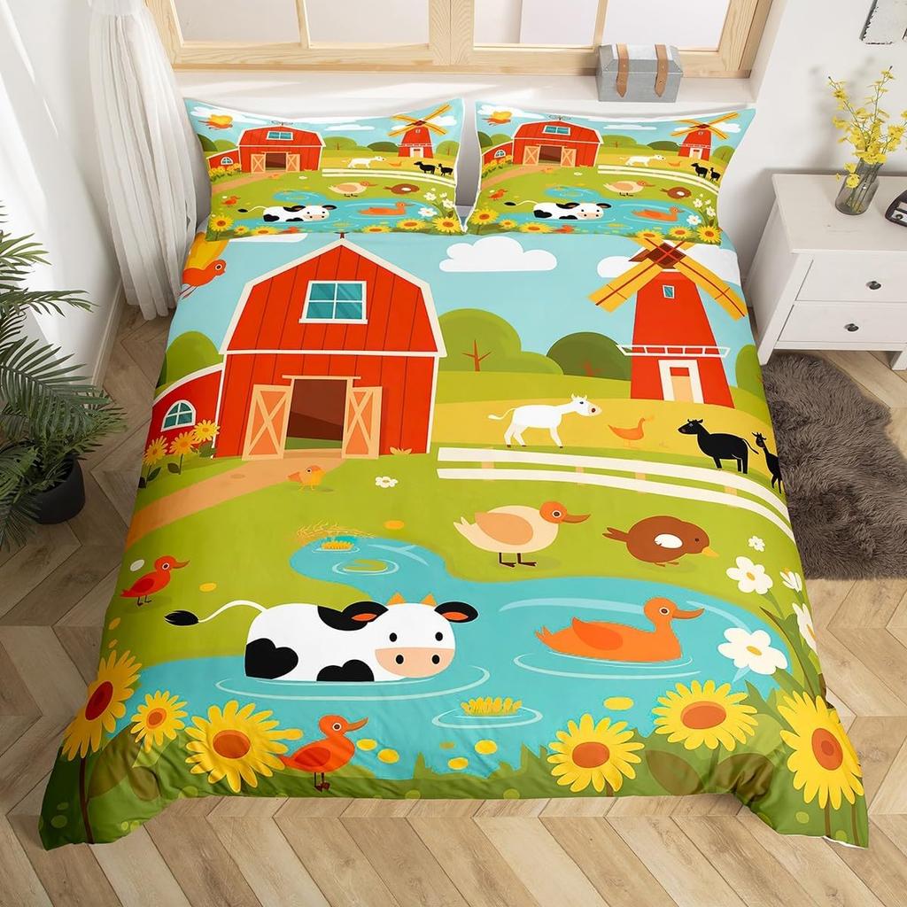 Cartoon Animal Duvet Cover Set, Farm Animal Comforter Cover, Rustic Farmhouse Bedding Set Twin Queen For Kids Boys Girls Adults