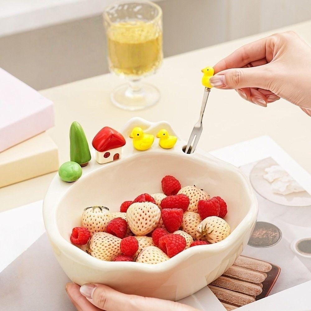 Cartoon Fruit Bowl with Fork Ceramic Decoration Fruit Storage Tray Large Capacity Stainless Steel Fork Fruit Serving Plate