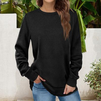 Damen-Oberteil mit Rundhalsausschnitt, mittellang, locker, einfarbig, lange Ärmel, Pullover-T-Shirt mit elastischen Bündchen und Saum, Casaul, tägliches Frühlings-/Herbst-Sweatshirt