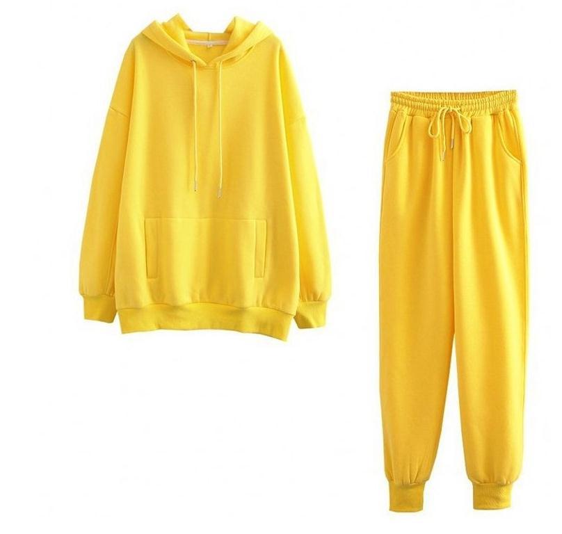 

2021 Autumn/Winter European & American Hooded Fleece Two-Piece Set: Loose Sweatshirt & Thickened Long Pants XL жовтий