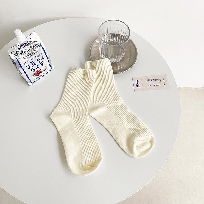 Autumn/Winter Women's Double Needle Vertical Stripe Mid-Calf Socks - Black & White JK Long Socks