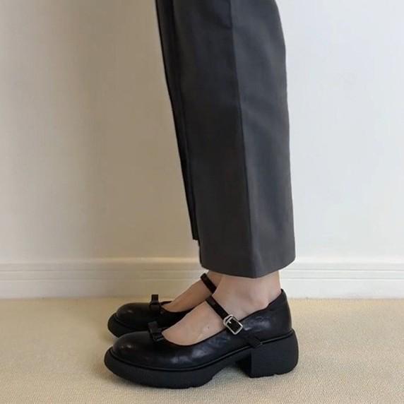 Sheepskin~ Retro Leather Bow Thick-soled Black Mary Jane Single Shoes Women's Word with Commuting Light Mouth Small Leather Shoes