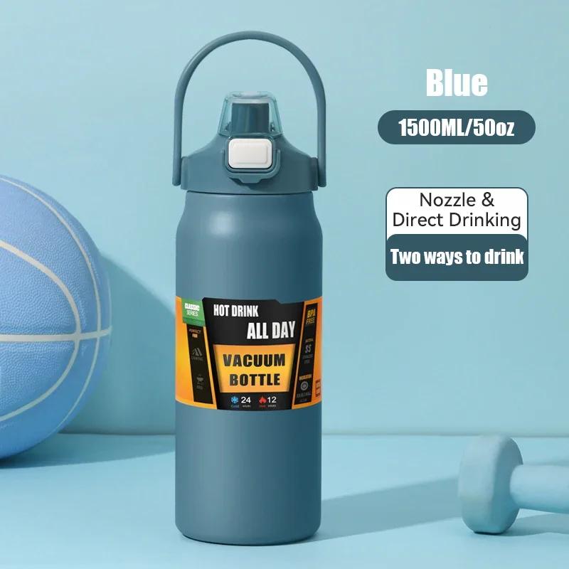 

1pcs New Stainless Steel Straw Cup, Portable Outdoor Kettle, Accompanying Cup, Large Belly Cup, Insulated Cup, Large Capacity 1500ml світло-синій колір