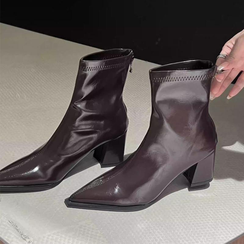 

Elegant High Heels Ankle Boots For Women S Pointed Toe Chunky Shoes Fashion Boots Pumps New Leather Winter Mujer De Botas 35