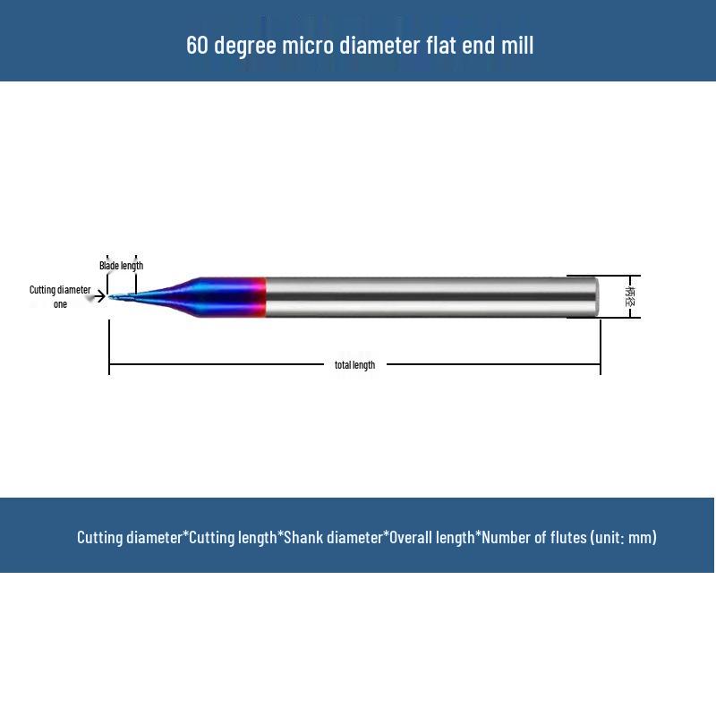 

60° Нано-сине покриття Мікродіаметр CNC Фрезер з пласким дном 0.3mm diameter, 1.5mm flute, 2-flute
