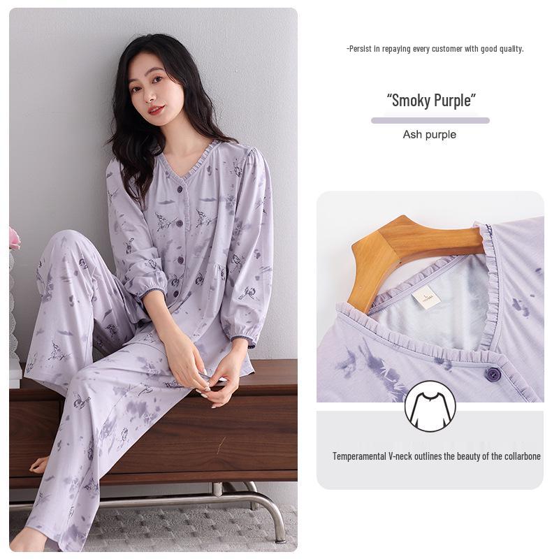 

Женский хлопковый пижамный комплект с длинным рукавом на лето/осень 2025 года - Большой размер M