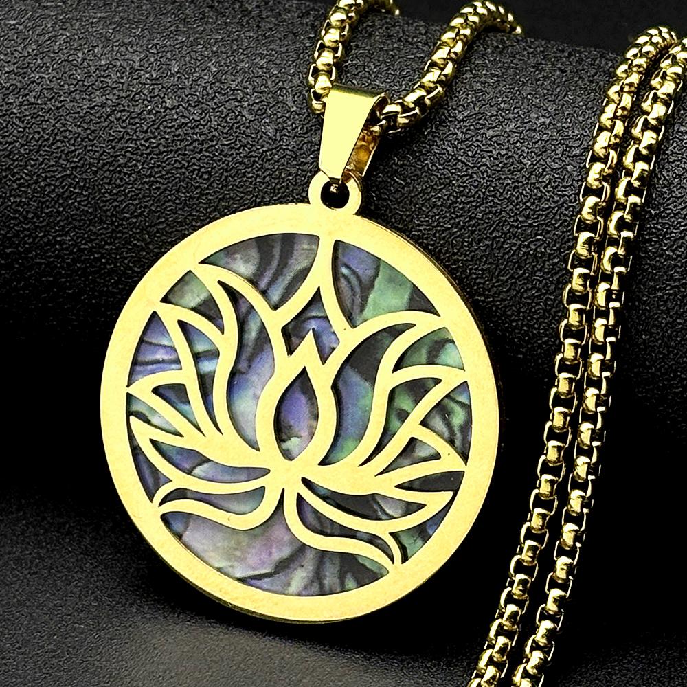 Yoga Lotusblume Imitation Abalone-Schale Edelstahl Anhänger Halskette Damen Herren Spirituelles Buddhistisches Symbol Kette Schmuck