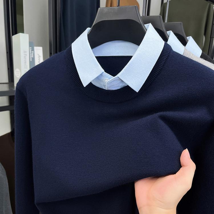 2025 Autumn/Winter Men s Trendy Solid Color Knit Sweater - Fake Two-Piece, Casual, Warm, Slim Fit, Elastic. L темно-синий