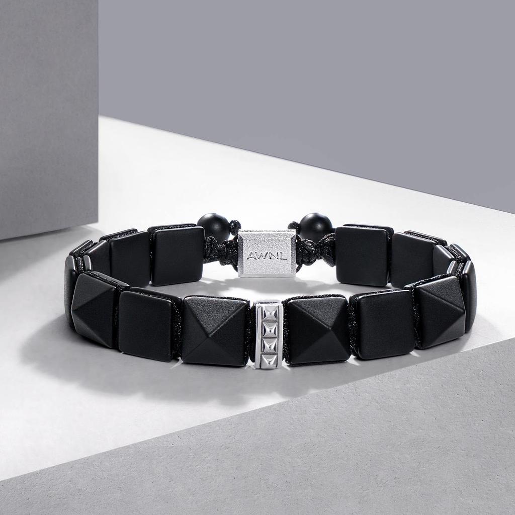 Flat Bead 925 Sterling Silver with Onyx Stone Center Braided Gift for Men [AWNL] Men's Bracelet, Charm, Bracelet, (9.5mm Stone), 16.5-18cm