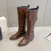 Retro pointed versatile thick-soled thick-heeled knight boots 2025 new wide tube cross-buckle but knee boots women