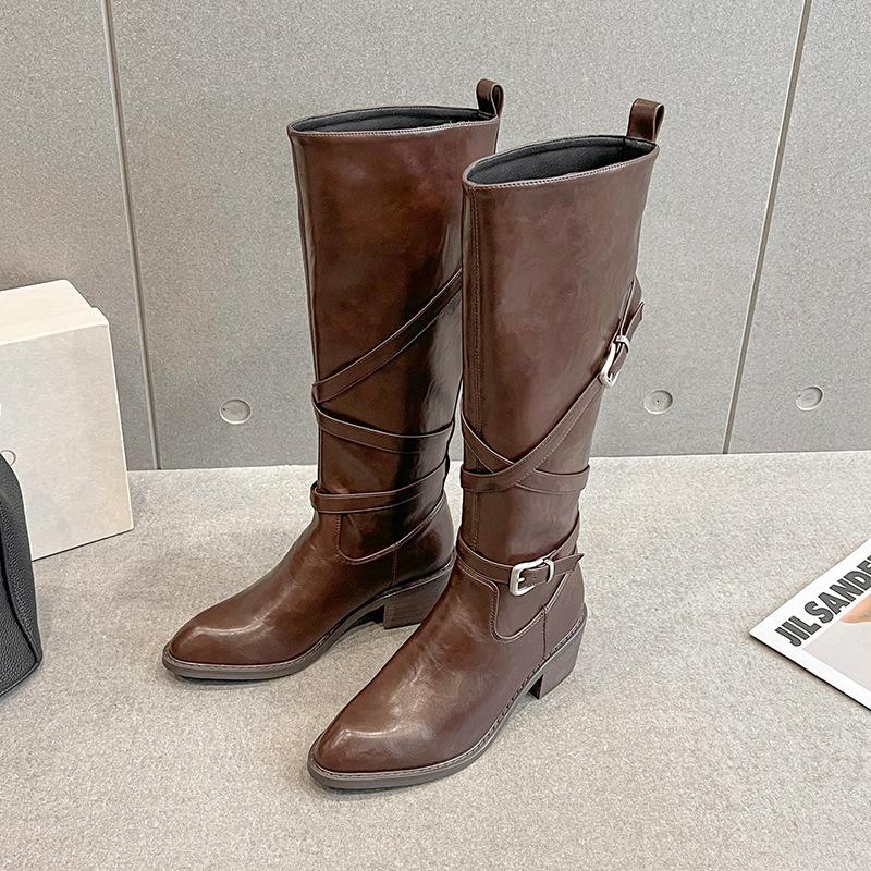 Retro pointed versatile thick-soled thick-heeled knight boots 2025 new wide tube cross-buckle but knee boots women