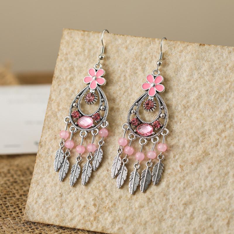 

Ethnic Vintage Flower Tassel Leaf Earrings for Women Elegant Crystal Silver Color Metal Dangle Earring Female Jewelry розовый