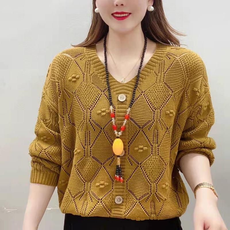 Suéter de punto de color sólido fino con cuello en V y manga larga para mujer, suéter holgado y adelgazante para primavera y verano