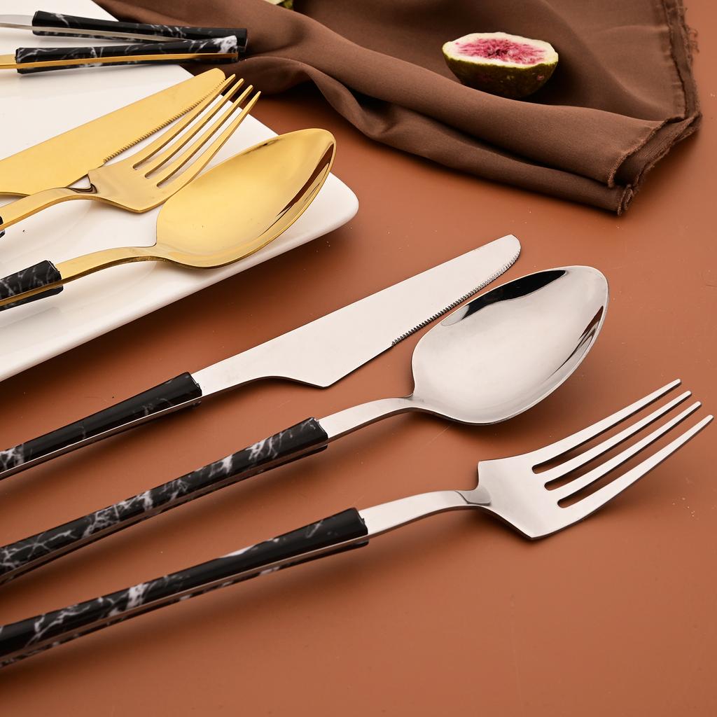 24 ks Příborů s dřevěnou rukojetí Domácí kuchyňská sada nádobí Nůž Vidlička Lžíce Čajová lžička Imitace mramoru Zrcadlová nerezová ocel Služba pro 6 osob