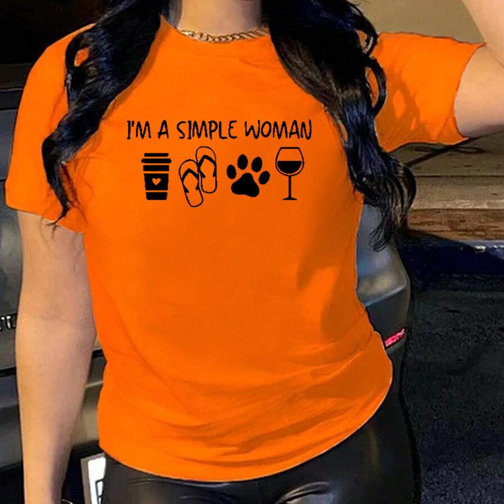 Simplified Letter Printing Cotton T-Shirt Short Sleeve Round Neck Women 2d Print Tops