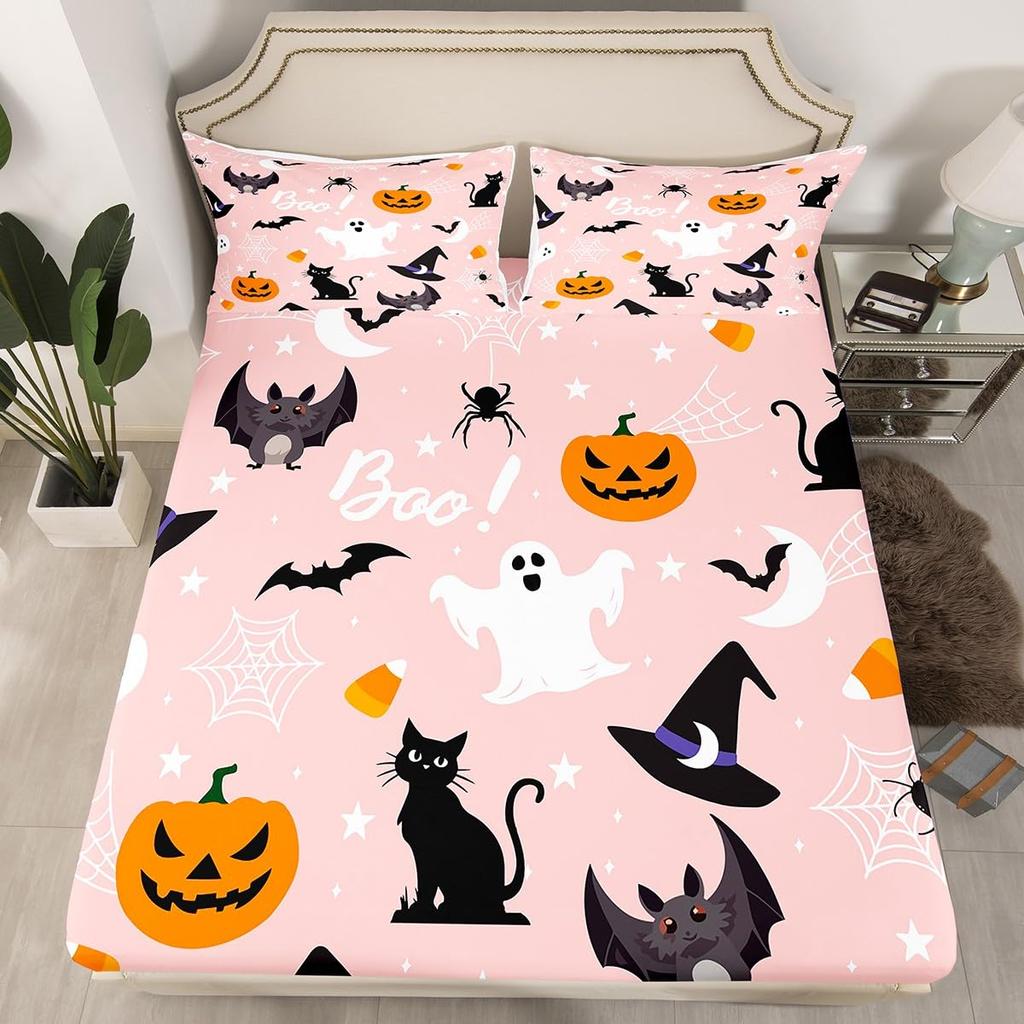 Gothic Spooky Bedding Set Pumpkin Lantern Cute Halloween Bed Sheets for Kids Boys Teens,Ghost Spiderwebs Fitted Sheet Black Cat Cobwebs Bats