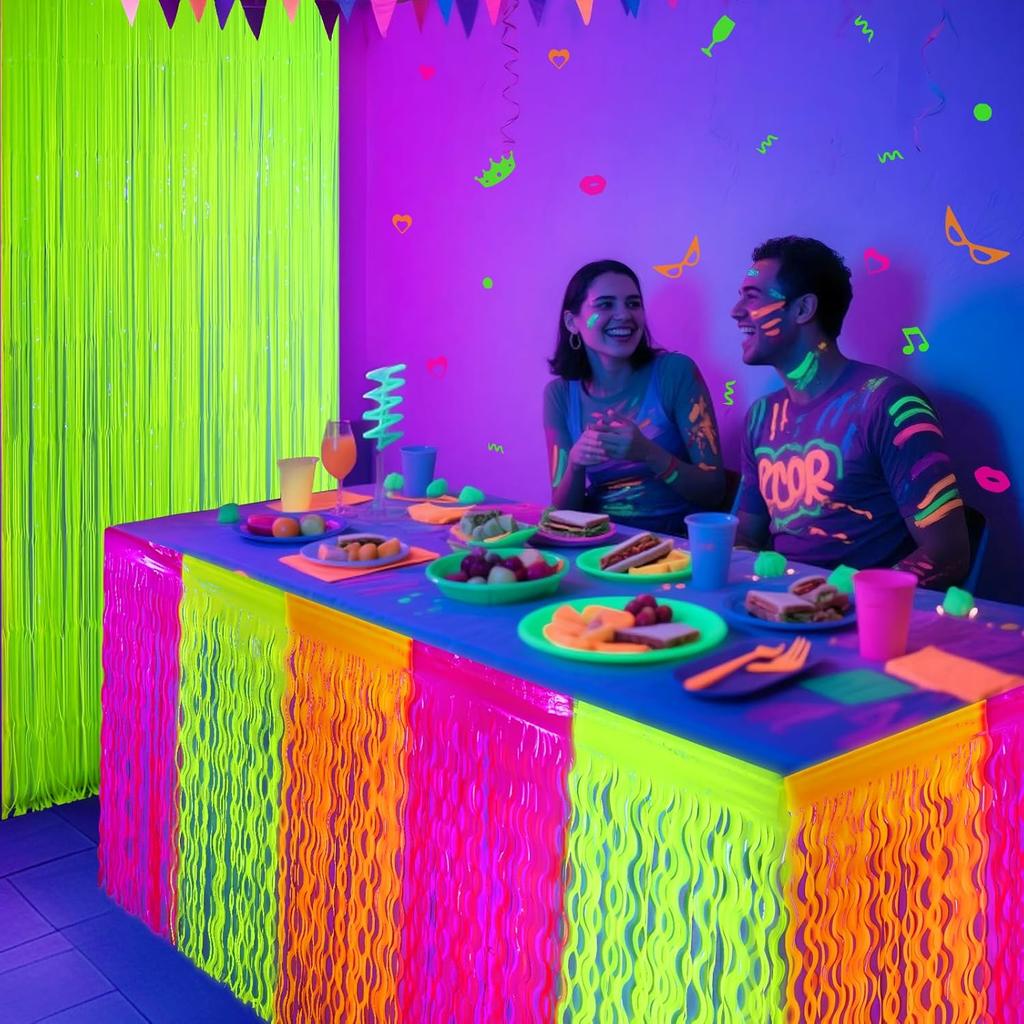 Mega-L Glow in The Dark Party Supplies, 2 Pack Neon Party Decorations Fluorescent Macaron Orange, Yellow and Fuchsia Wavy Metallic Tel Foil Fringe