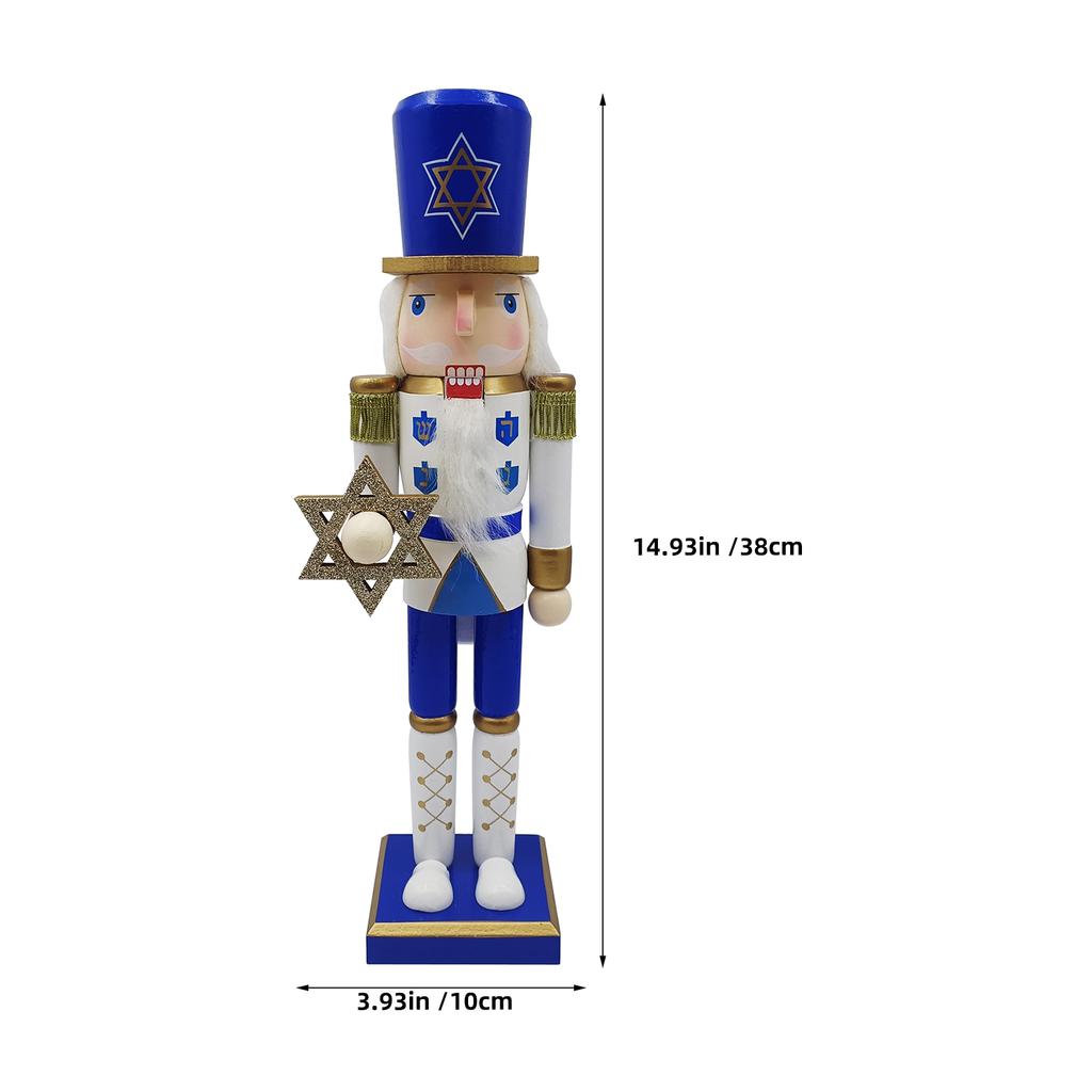 38 Cm Nutcracker Soldier Blue White Judaica Hanukkah Christmas Tabletop Decor Wooden Traditional Judaica Holiday Mantelpiece