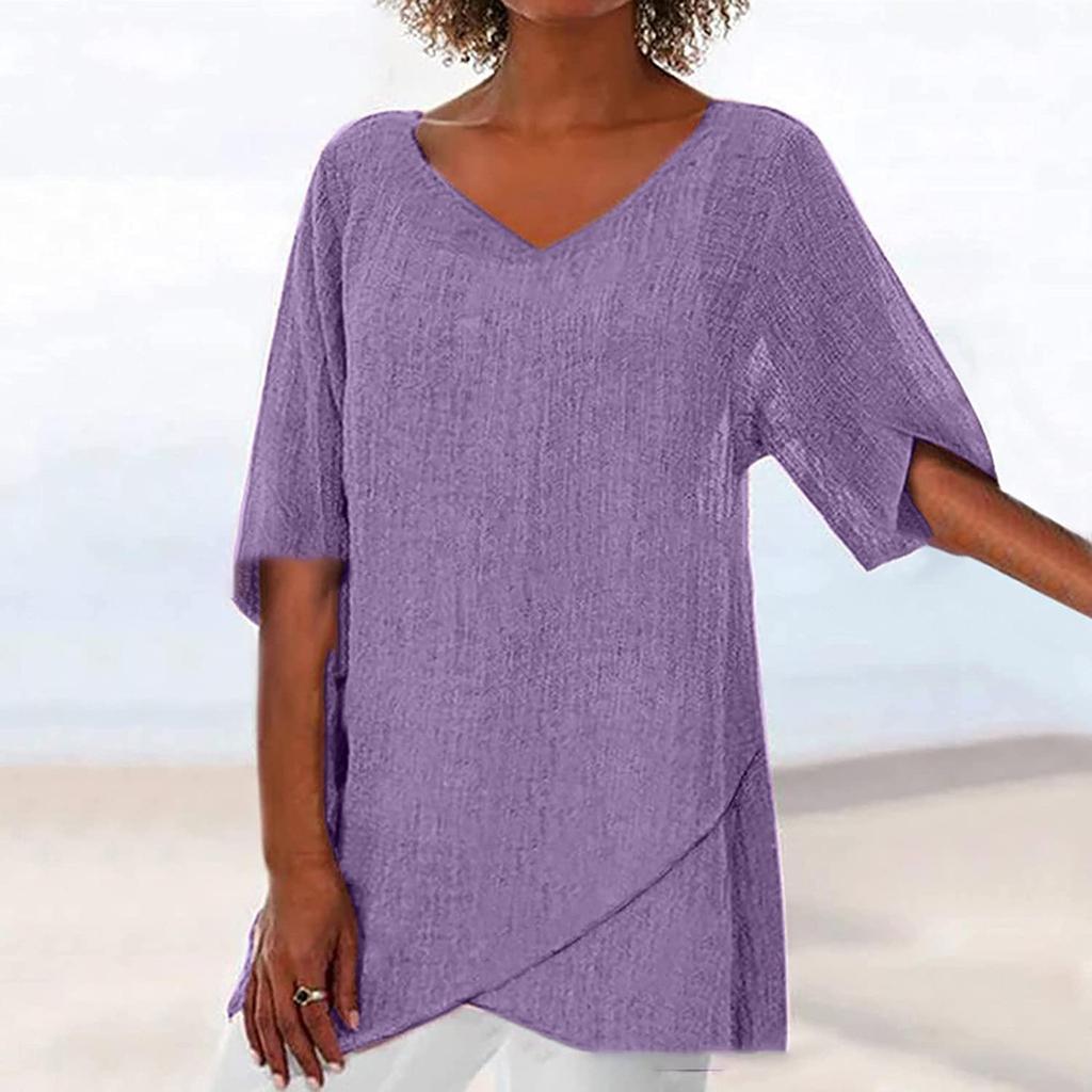 Tunic top da donna asimmetrico a maniche corte con girocollo, camicetta colorata