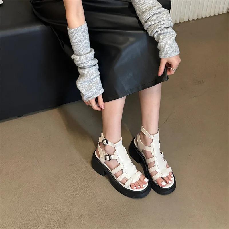 Sandali Romani Nuovi A Punta Aperta Alti con Zip Fibbia a Cinturino Retrò Comodi Scarpe da Donna