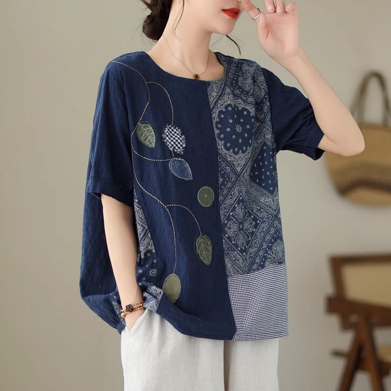 DIMANAF 2024 Verão Plus Size Mulheres Camisetas Estampa Floral Elegante Manga Patchwork Tops Tees Solto Casual Camisa de Linho 91688