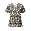 Women's Loose Short Sleeved Fashionable Tooth Pattern Printing V-neck Buttonable Side Slit Top T-shirt