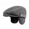 Men's Autumn Winter Warm Flat Cap with Ear Flaps Leather Wool Patchwork Beret Cabbie Ivy Hunting Hat for Middle-Aged Dad Casual Outdoor Cap
