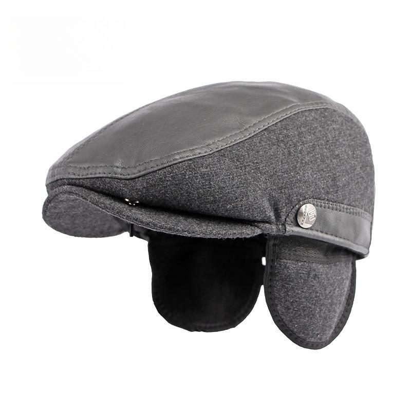 Men's Autumn Winter Warm Flat Cap with Ear Flaps Leather Wool Patchwork Beret Cabbie Ivy Hunting Hat for Middle-Aged Dad Casual Outdoor Cap