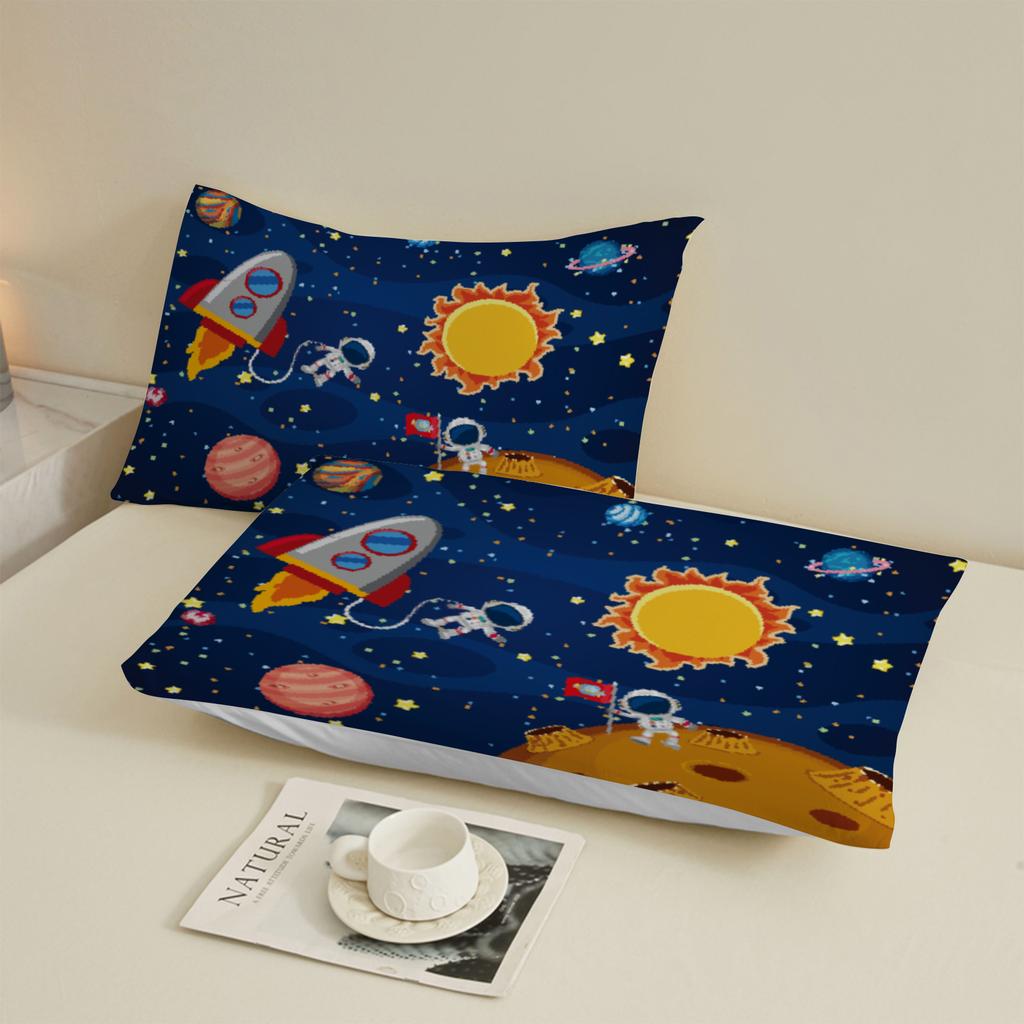 3pcs Playful Fitted Sheet For Kids Children Set Space Rockets Astronauts Planets Stars Printed Bed Sheet With 2 Pillowcases