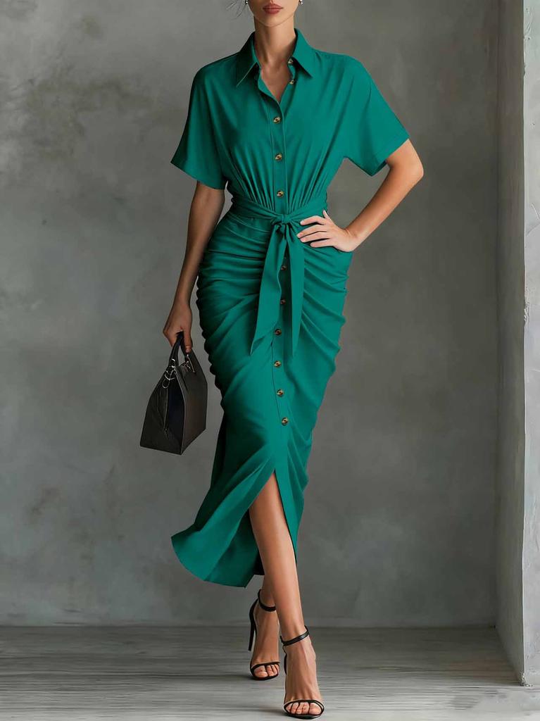 Women's Fashion Vintage Short-Sleeve Pleated Button-Down Shirt Dress