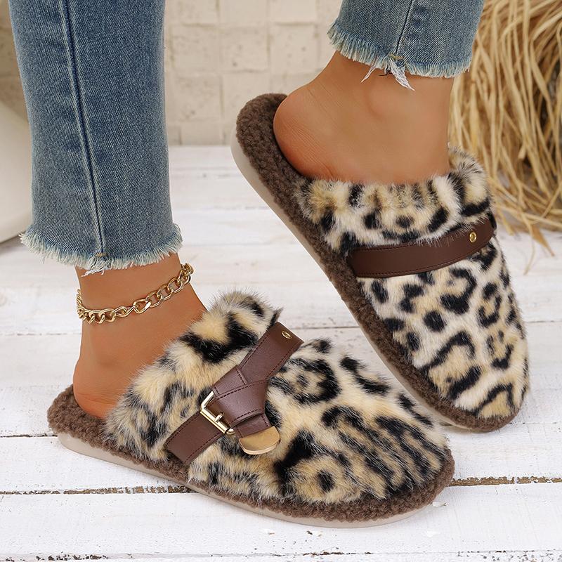 Fashion Fashion Leopard Print Fur Slippers for Women Outdoor Light Non Slip Fluffy Slippers Woman Comfy Flat Heel Plush House Slides