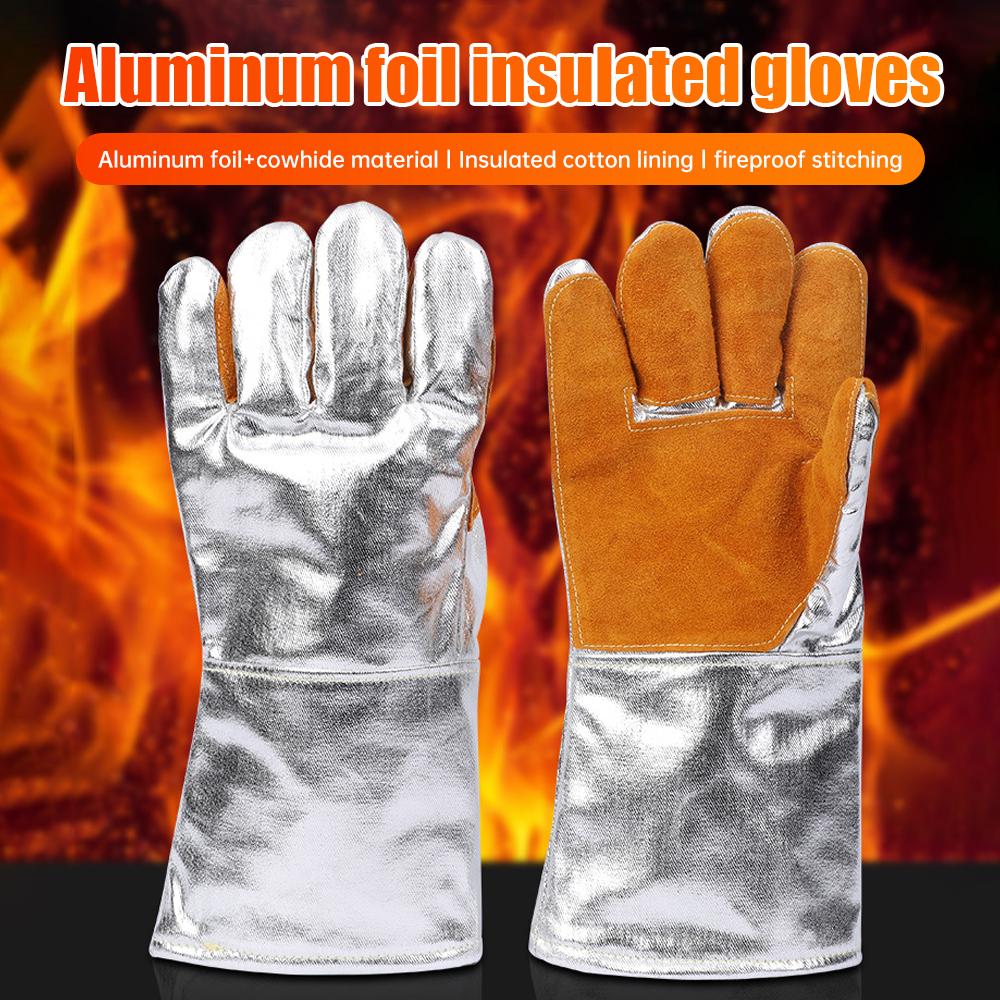 Thickening Aluminum Foil Gloves High Temperature Cowhide Gloves Heat Insulation Anti-radiation Work Gloves Kitchen Oven Gloves