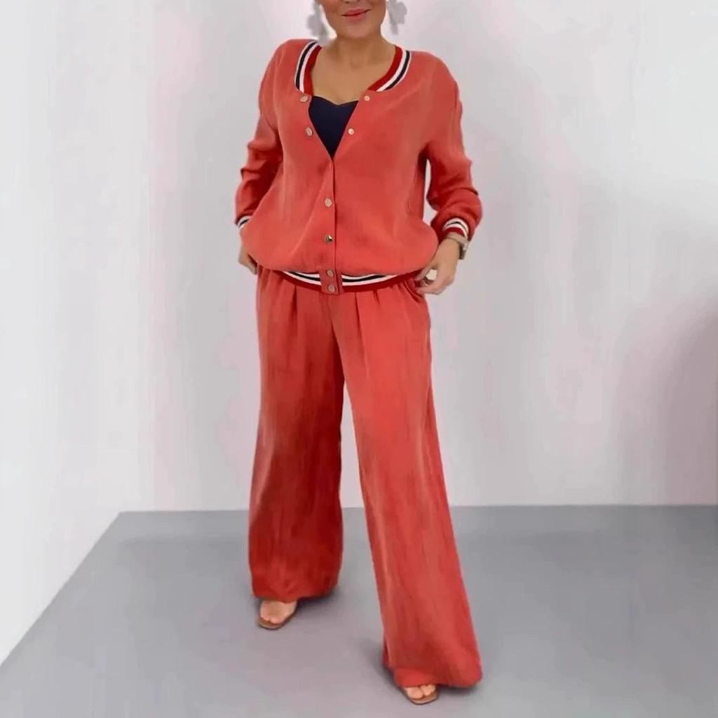 Women's Light Blue Cardigan and Wide Leg Pants Set with Striped Trim