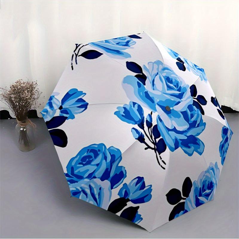 1pc Blue Rose Pattern Automatic Open/Close Umbrella, Portable Folding umbrella for Everyday Use y250826006