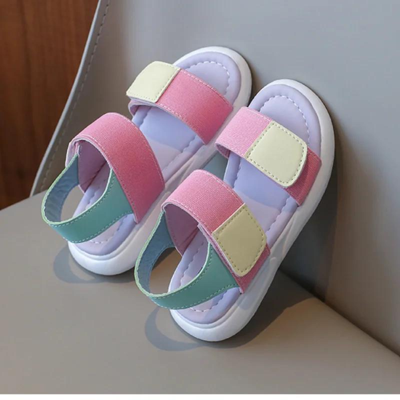 Fashion Girls Sports Sandals Mixed-color Decoration Soft Bottom Non-slip Pink Comfortable PU Upper Open Toe Non-slip Fashion Kids Shoes