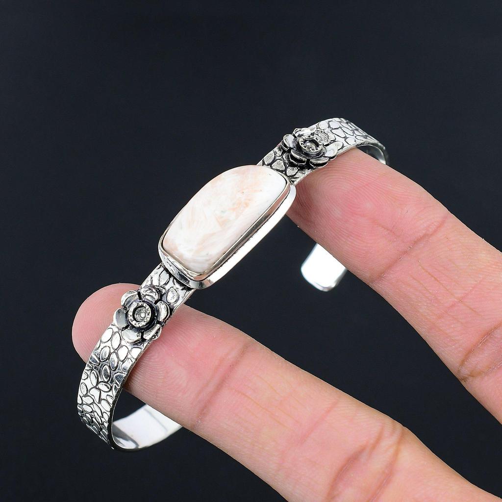 Natural Scolecite Gemstone Bangle Flower Adjustable 925 Silver For Girls