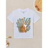 European sizes Kids' Cute Orange Tabby Cat & Floral Print T-Shirt - Soft Breathable Short Sleeve Round Neck Top with Cat & Green Foliage Design