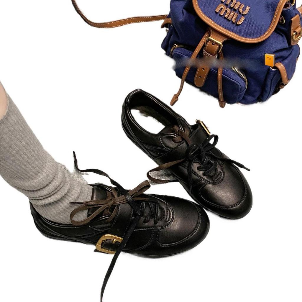 Genuine Leather Retro Style Women's Lace-Up Casual Ballet Shoes with Soft Sole and Cowhide Belt Buckle