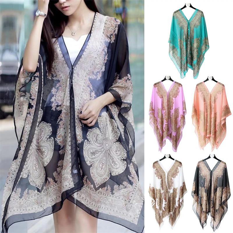 Beach Sun Protection Shawl Women Clothes Summer Beach Bikini Cover Up Loose Chiffon Blouse Shawl Scarf With Buttons