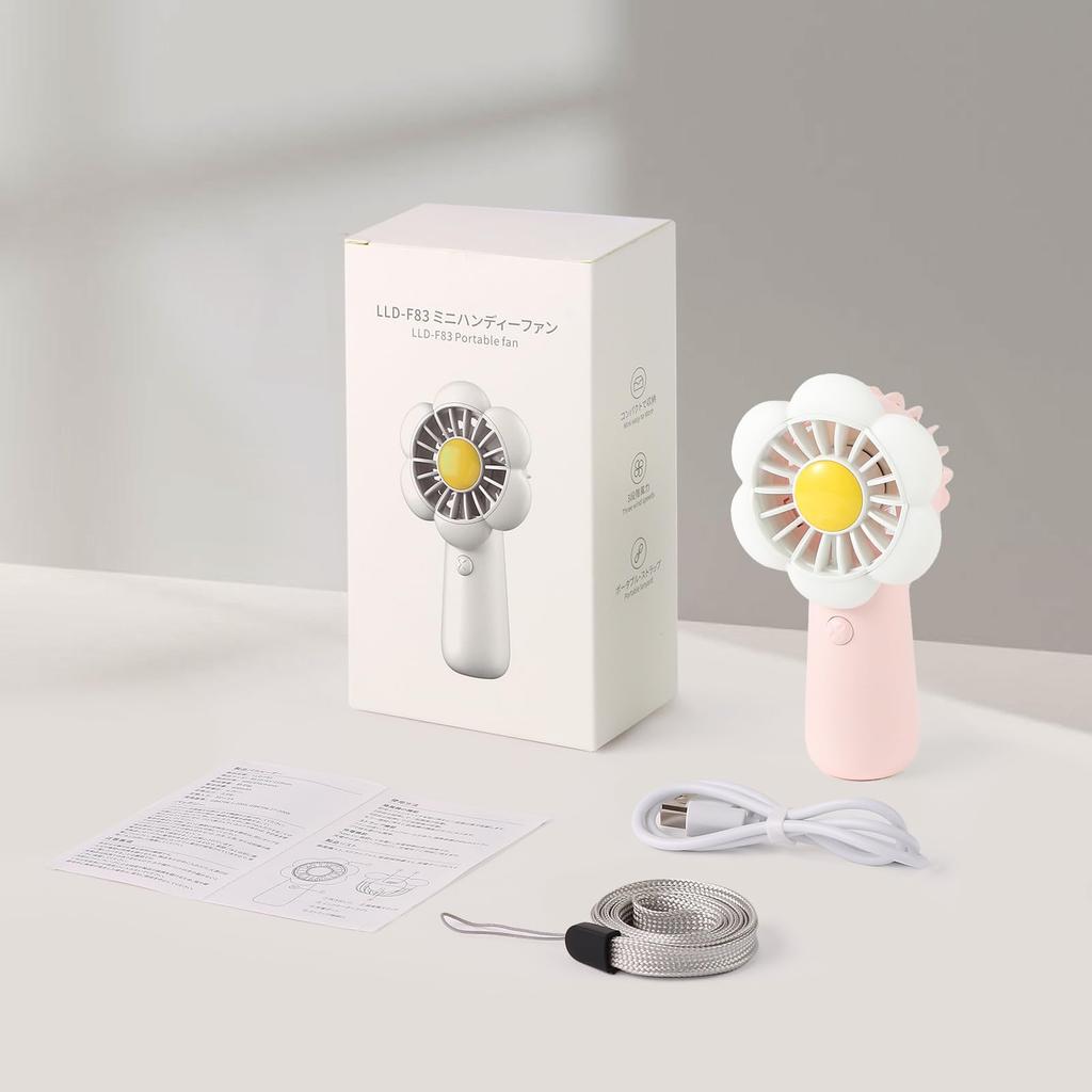 TENKUNOKOTORI Handheld Cute Mini Floral Design Portable Fan with 3 Speed Instant 3 Hours of Use on a and a 43cm Cord for Portable Use and Charging