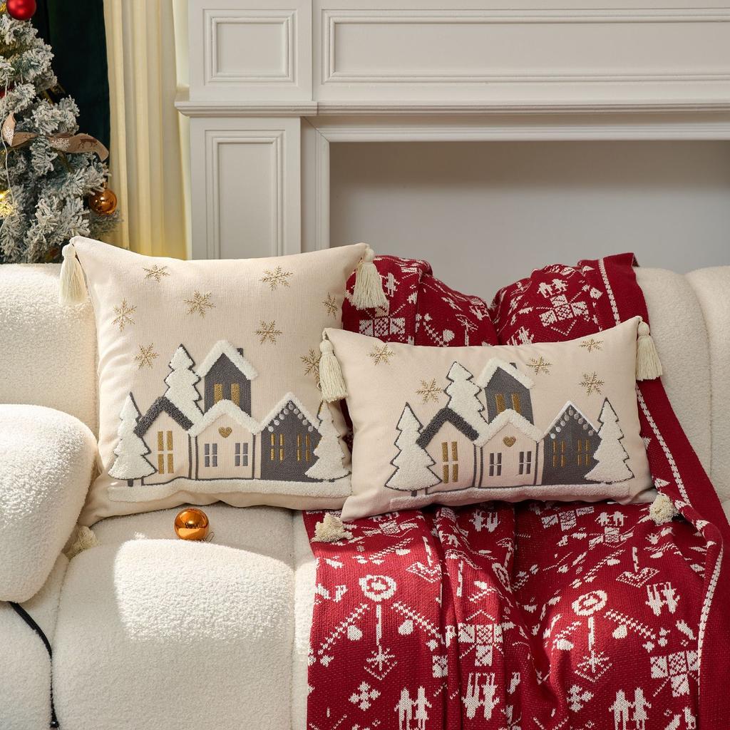 Christmas Snowflake Embroidery Throw Pillow Cover 45x45cm Red Winter Decor Farmhouse Cushion Case