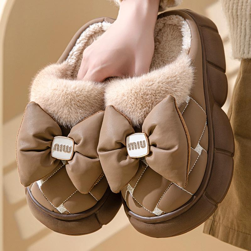 

Модные женские милые хлопковые тапочки с бантом, женские зимние модные мягкие толстые домашние тапочки, женские нескользящие плоские каблуки, домашняя обувь 40-41 хаки