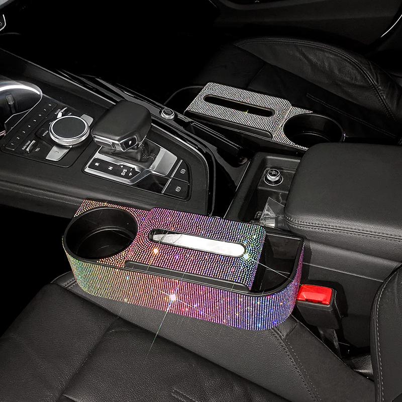 New Bling Rhinestones Car Seat Organizer Car Gap Storage Box Leak-proof Cup Holder Coins Keys Tissue Box Auto