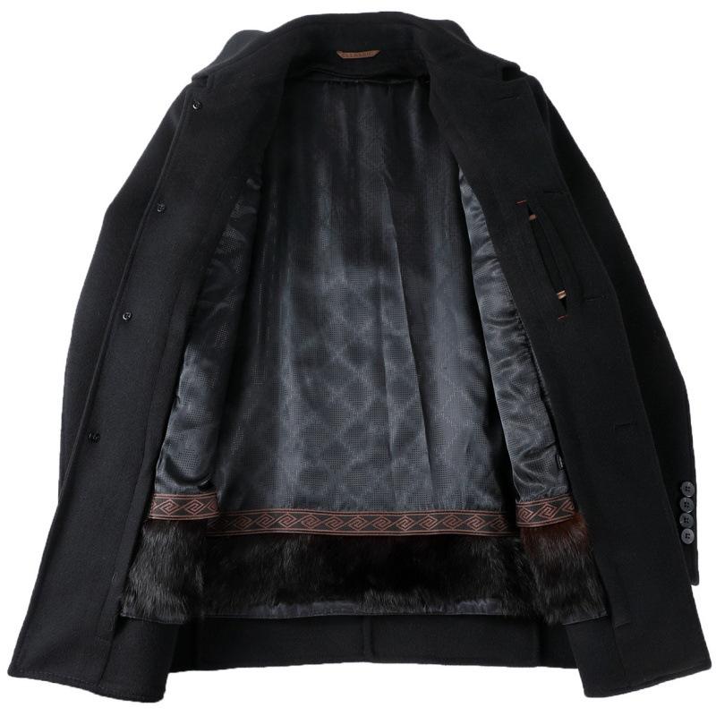 Double-sided woolen cashmere coat for men, medium-length, thickened daddy rex rabbit fur lining, middle-aged woolen woolen lapel coat
